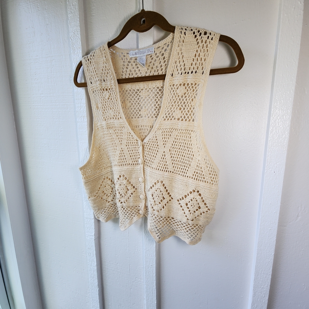 Vintage Claudia D Tan Crochet Button Front Vest Neutral Boho